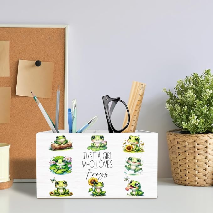 Cute Floral Frog Pen Holder for Desk, Gifts for Frog Lovers Pencil Organizer, Just a Girl Who Loves Frogs Wooden Box Sign Desk Decor for Home Office Decoration
