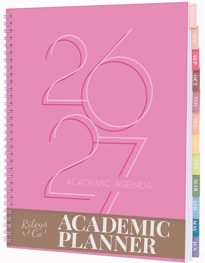 Rileys Academic Planner 2026-2027, Daily, Weekly & Monthly Planner, July 2026 - June 2027, Student Notes Pages, Twin-Wire Binding, Weekly Agenda for School & Work (8.5 x 11-Inches, Deco, Pink)