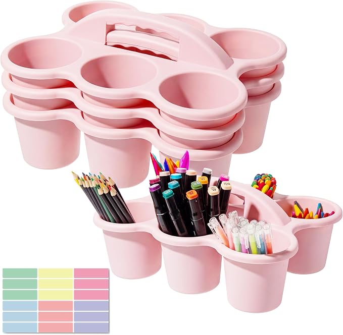 Classroom Caddy for School, Kidsroom, Pencil Holder, Plastic Cup Caddy for Drink Delivery, Pink, 4 Pack