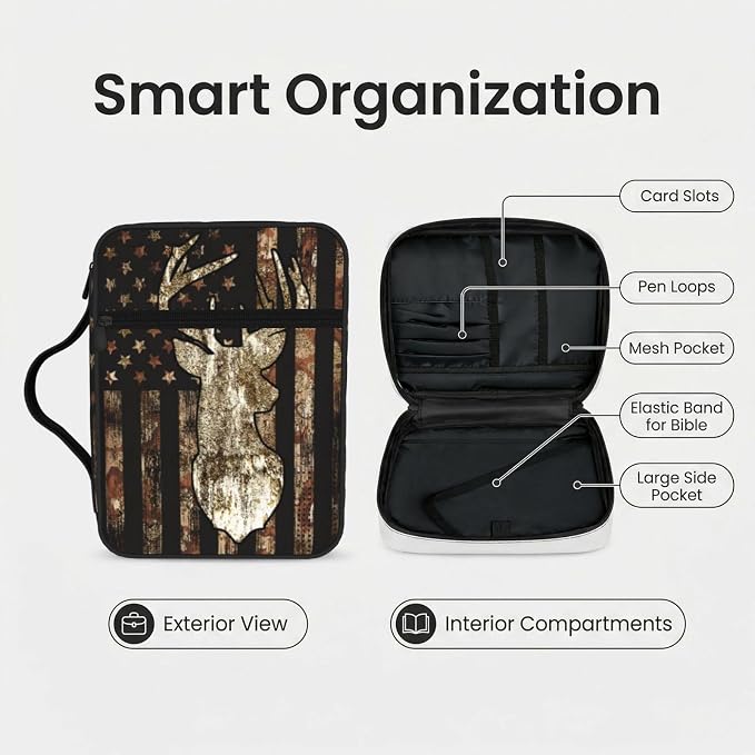 Camo Camouflage American Flag Brown Cool Deer Hunting Bible Cover Case Carrying Book Protector Case Bible Study Supplies Accessories Holder Case Christian Gift for Women Men