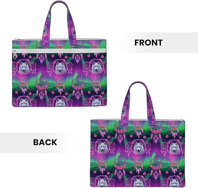 Canvas Fabric Document Briefcase Flower Dream Catcher Boho Wolf, Zipper File Organizer with Handle for Paper Files and Books