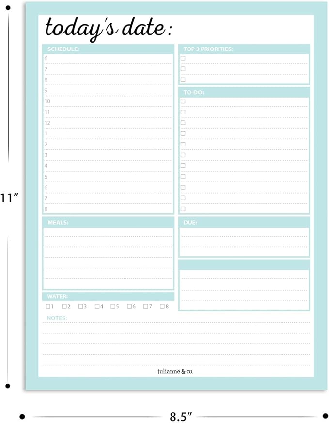 JULIANNE & CO Daily To-Do Undated Tear-Away Planner Notepads - Premium Personal Organizer for Home, Office, Work, School - 50 Pages for Daily Tasks, Notes, Water Intake and Meal Prep (8.5 x 11)
