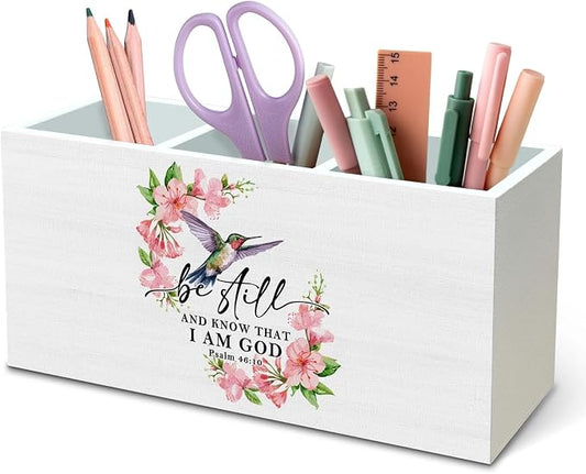 DILSJ Christian Bible Verse Pen Pencil Holder Organizer for Desk, Hummingbird Gifts for Women, Be Still And Know That I Am God Wooden Box Signs for Home Office Church Desk Tabletop Decoration