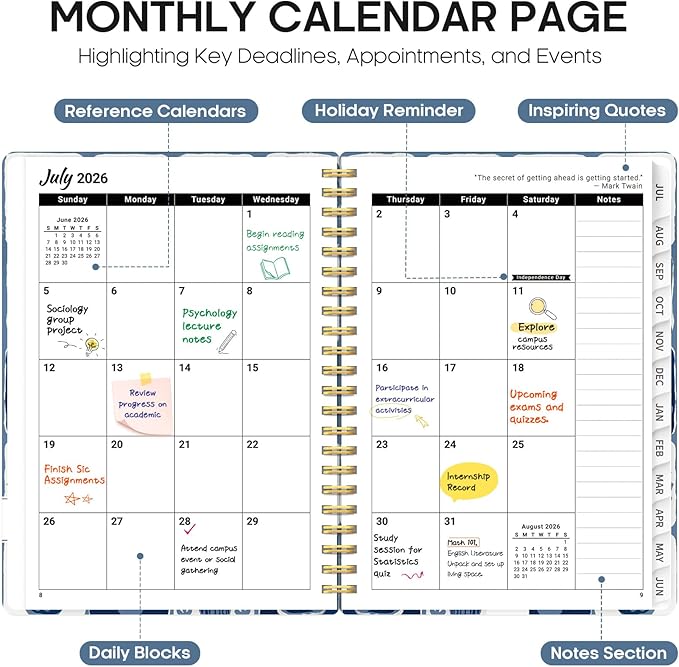 Planner 2026-2027, Academic Year Monthly and Weekly Calendar Planner, Jul 2026 - Jun 2027, Hardcover Teacher Student Planning Agenda book with Tabs, Perfect for School Office Supplies, 6.3" x 8.5" - Blue Art