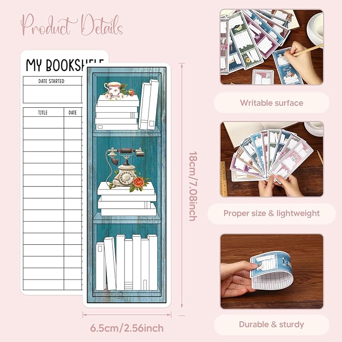 100 Pieces Reading List Bookmarks Book Tracker Bookmarks Bookshelf Design Library Card Bookmark Reading Log Bookmark Double-Sided Reading Page Markers for Book Lovers Women Students School Supplies