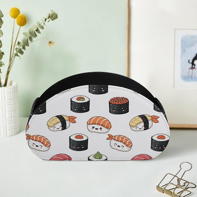 Remote Control Organizer Box with 5 Compartments, PU Leather Desktop Caddy for Media Controllers, Office, and Living Room, Kawaii Food Theme Japanese Sushi