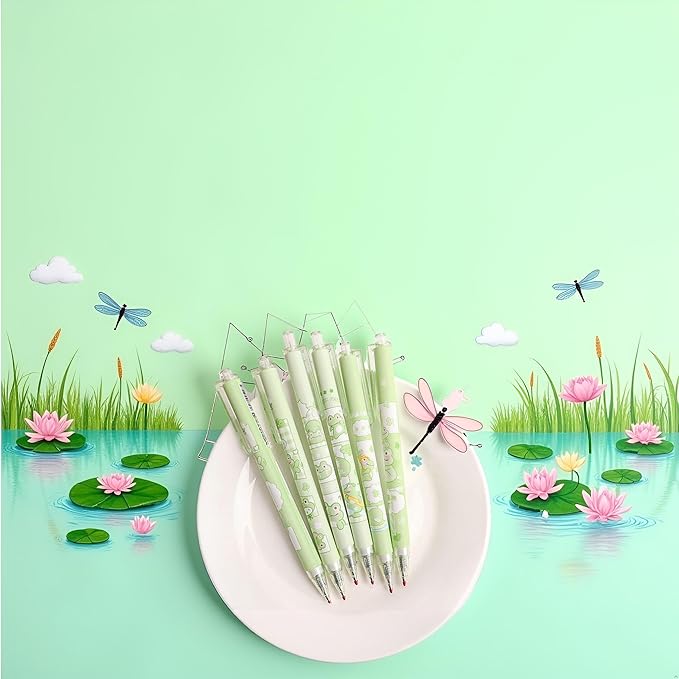 Jowxsx 6 PCS Cute Pens Black Gel Ink Pens,Green Frog Gel Cute Cartoon Animal Pen,Retractable Ballpoint Pen(0.5mm) Writing and Correction Supplies