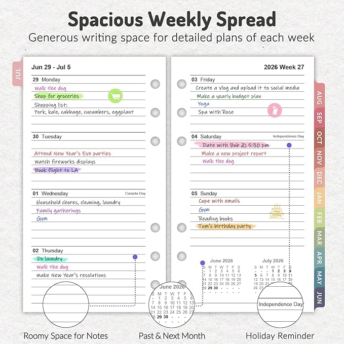2026 Weekly & Monthly Planner Refills for A6 6-Ring Binders, July 2026 - Jun 2027, Forvencer 6-Hole Punched Planner Inserts with Colorful Monthly Tabs, Pocket Calendar Organizers, 3-3/4" x 6-3/4"