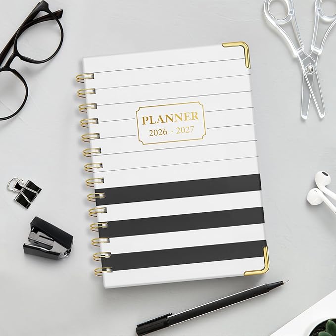 Daily Planner 2026-2027, 18 Month Planner with Tabs, January 2026 - June 2027 Weekly and Monthly Academic Year Calendar Spiral Time Management, 100GSM Thick Paper, Twin-Wire Binding, A5 Size, Black and white stripes