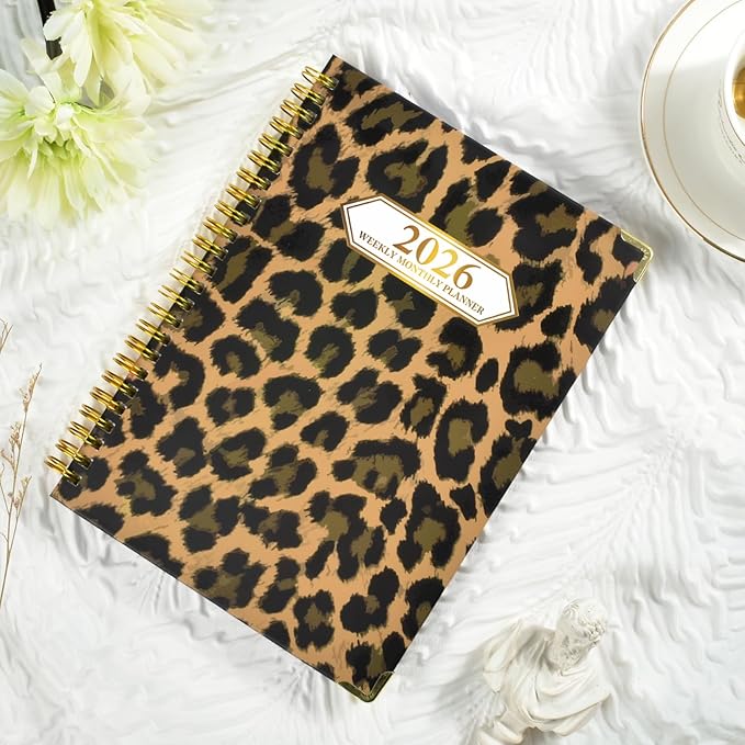 2026 Planner, Jan.2026 - Dec.2026 Planner Weekly and Monthly 6.25"x8.5" with with Page Tabs, Calendar Hardcover with Inner Pocket, Elastic Band, Twin-Wire Binding, Bookmark, Brown Leopard