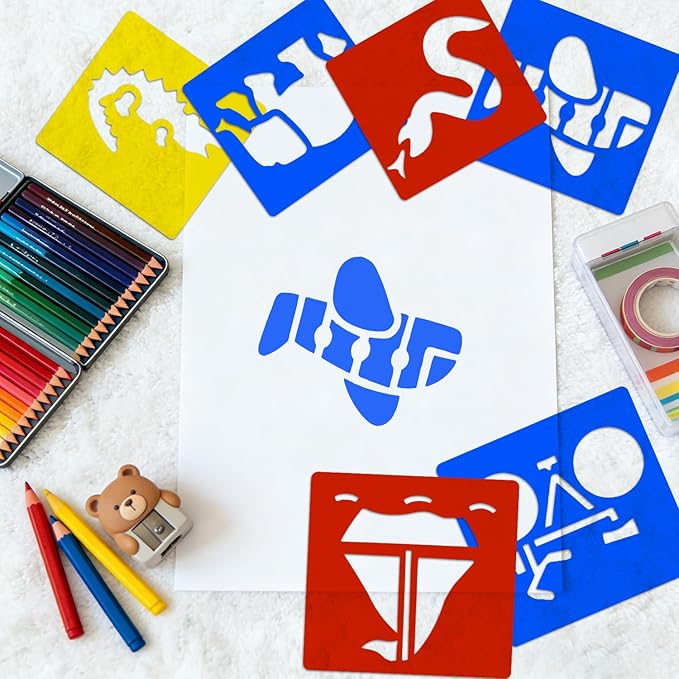 36 PCS Drawing Stencils, 5.6 x 6 Inch Chalk Drawing Stencils, Large Washable Vehicles Jungle Animals Themed Primary Shape Template for Learning Painting DIY Craft