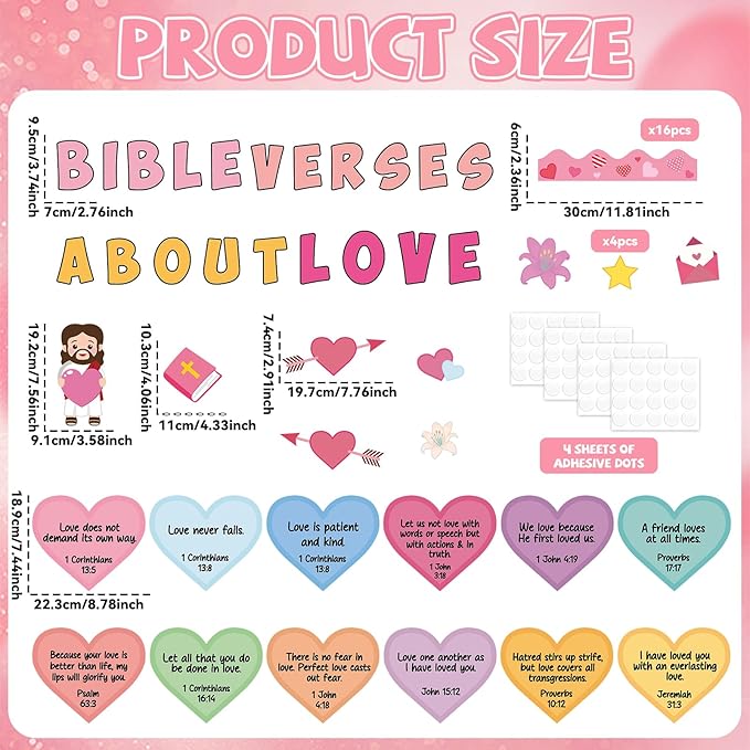 Valentine's Day Bulletin Board Decoration Colorful Heart Bible Verse Cutouts Valentines Jesus Religious Bulletin Board for Christian Valentine Office Chalkboard Sunday School Classroom Wall Decor