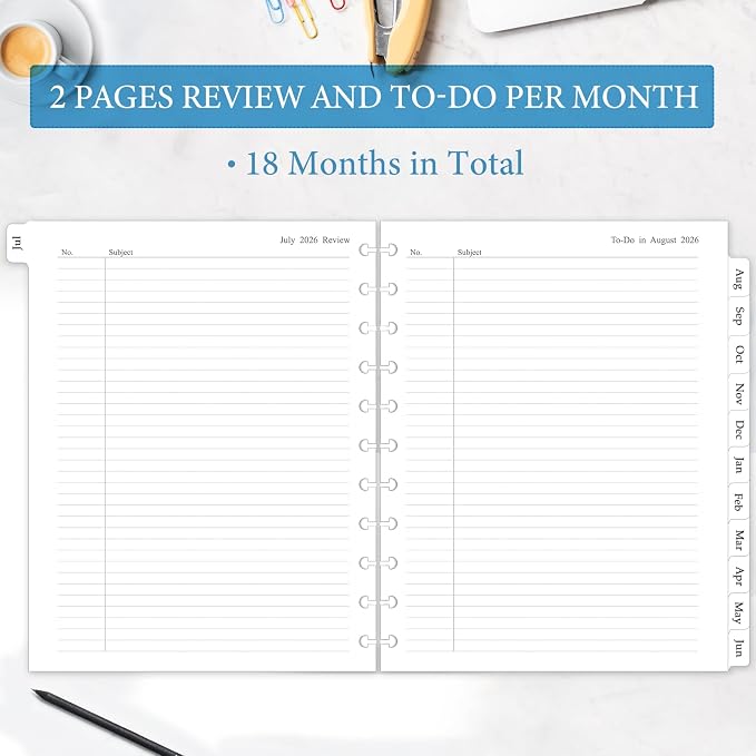 2026-2027 Monthly Planner Refill, A4 Letter Size Planner Inserts for 11-Disc Discbound, 8.5"x11", Jul. 2026 - Dec. 2027, 18 Monthly Calendars with Laminated Tabs
