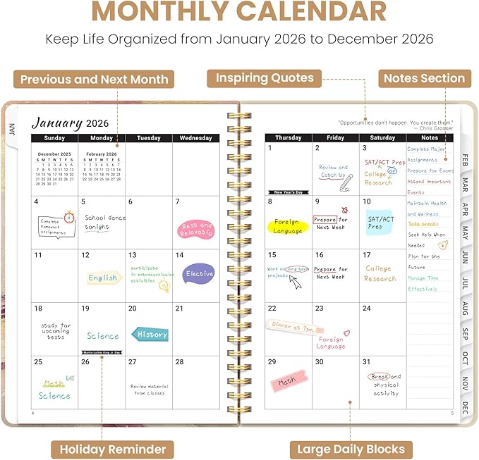 2026 Planner, Weekly and Monthly Planner for Women, Jan 2026 - Dec 2026 Pretty 2026 Calendar Planner with Monthly Tabs, Inner Pocket, Spiral Binding, Perfect for Office Home School - 6.3" x 8.5", Landscape