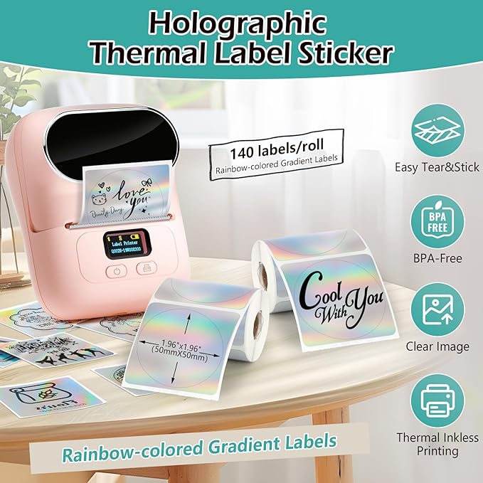 2 Rolls Thermal Labels Custom Sticker for Phomemo M110/M120/M220/241BT- Holographic Sliver Circle Sticker for MUNBYN130B/RW402B Label Maker Printer,1.96" Laser Label Paper for Logo,Name,Price,Barcode