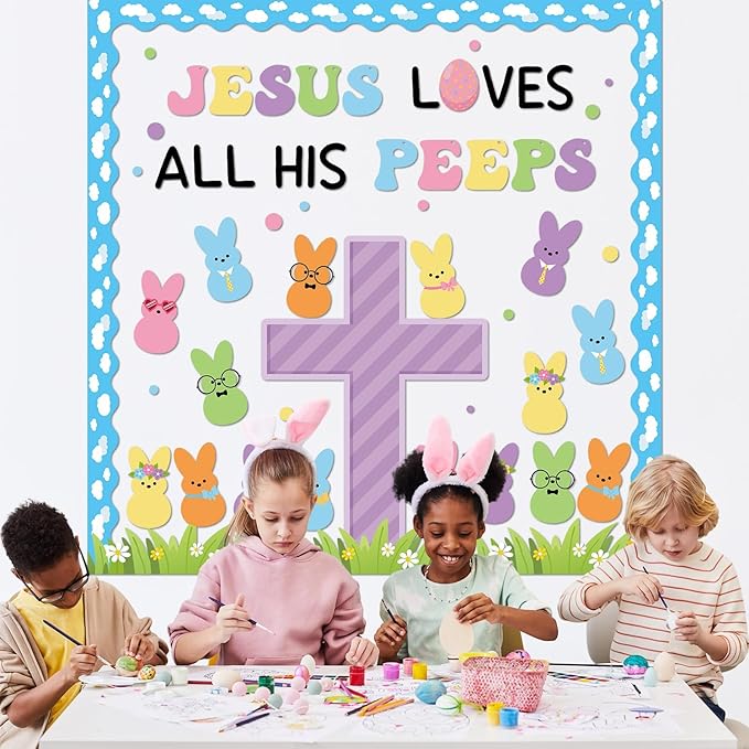 Easter Christian Bulletin Board Set Jesus Loves All His Classroom Decorations Bunny Cross Eggs Religious Bulletin Board Cutouts for Easter Spring Sunday School Church Chalkboard Decor Supplies