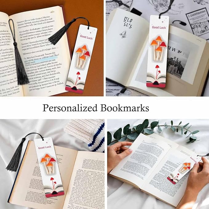 Mushroom Bookmarks Set 5 with Tassels Orange Red Luck Wooden Bookmarks for Reading Women Men Students Teachers School Supplies