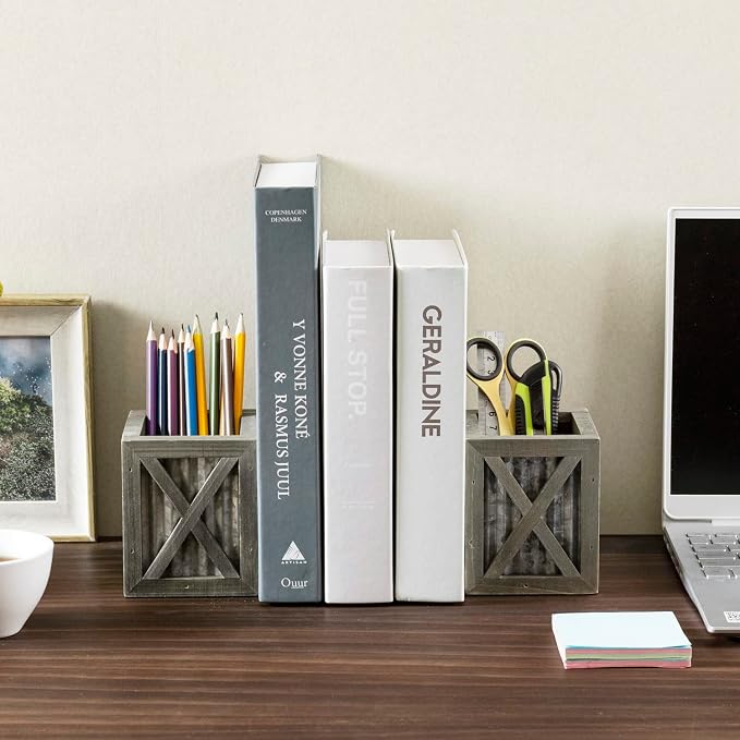 MyGift Vintage Decorative Bookends, Desktop Book Ends with Pen Holder Pencil Cup Stationery Storage Bins for Home Office, Classroom, Dorm Room, Gray Wood with Corrugated Galvanized Metal Accent
