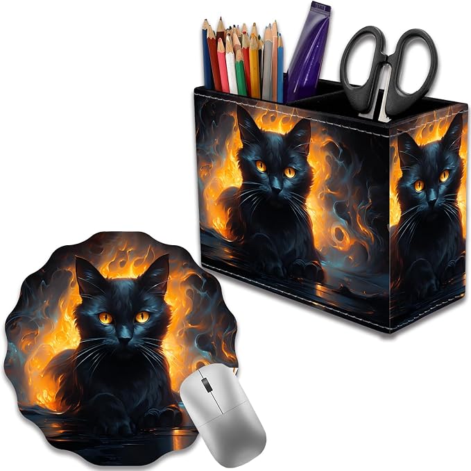 Pen Holder for Desk, PU Leather Multifunctional Desktop Storage Box and Anti-Slip Mouse Pad Set, Makeup Brush Holder Pen Organizer for Office and Home - Luminous Black Cat
