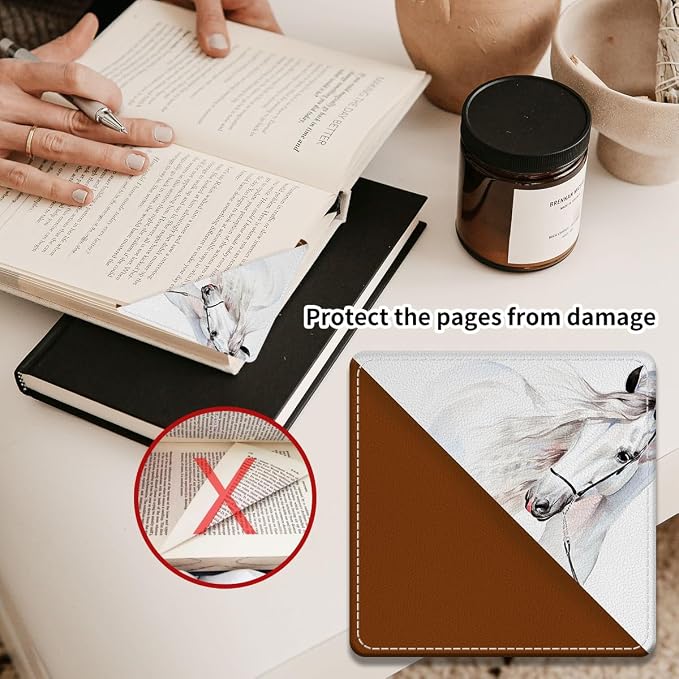 Cute Leather Bookmarks, Fun Triangle Making Corner Bookmark, Book Accessories for Reading Book Lovers, Unbreakable Page Markers for Women Men Beautiful White Horse
