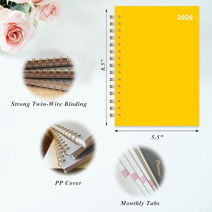 2026 Weekly and Monthly Planner, From January 2026 to December 2026, 5.5" x 8.5" Daily Planner for Productivity, Goal Setting & Time Management, Organizer for Work & School - Yellow Hard Cover