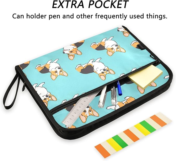 Expanding File Folder Corgis Dog Blue Accordion File Organizer 13 Pockets Document Organizer with Zipper Labels A4 Letter Office Storage
