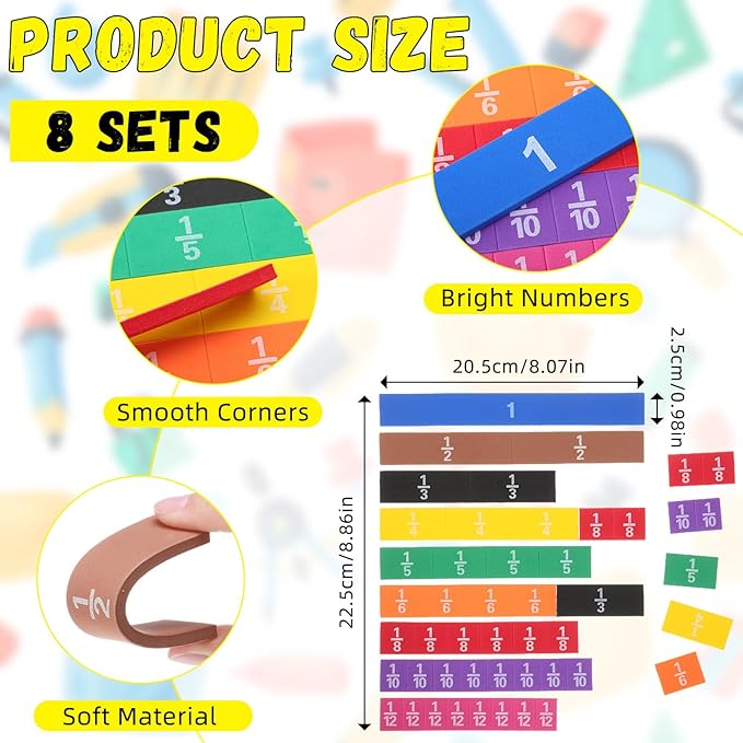 Sayglossy 8 Sets Fraction Tiles Set for Math Classroom Fractions Manipulatives Math Learning Manipulatives for Home School Supplies