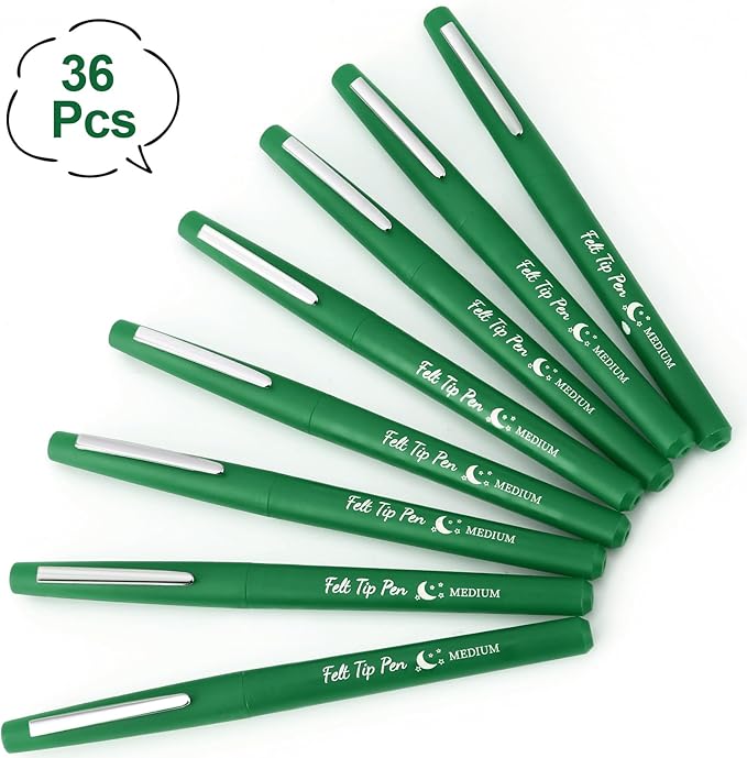 Fuyoooo 36 Pcs Green Felt Tip Pens 0.7mm Medium Point Felt Tip Marker Pens Bulk, No Smear, Quick Dry for Journaling Planner Writing Note-taking Art Office and School Supplies