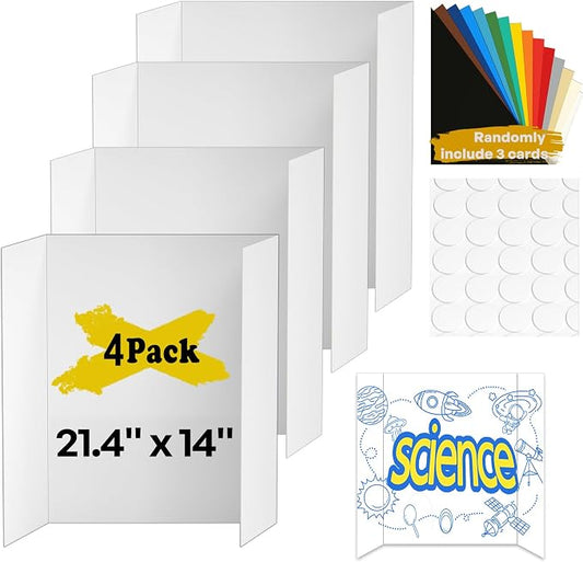 4 Pcs Small Trifold Poster Board, 21.4" x 14" Presentation Board, with Double Sided Tapes and Cardboard, White Corrugated Project Boards/Display Board for School Project/Science Fair Display Boards