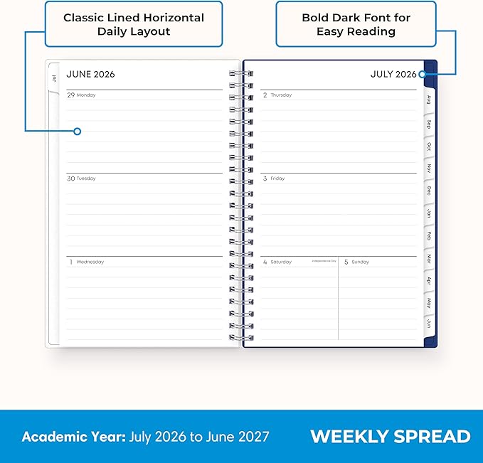 Blue Sky 2026-2027 Weekly and Monthly Academic Year Planner Calendar, July 2026 - June 2027, 5" x 8", Flexible Cover, Wirebound, Laminated Tabs, Chanson