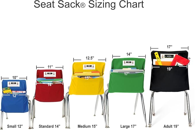 Seat Sack Student Chair Storage Pocket - 19", Classroom Chair Organizer for Student Desks, Durable Over-the-Chair Storage, Multi-Color, 25-Pack