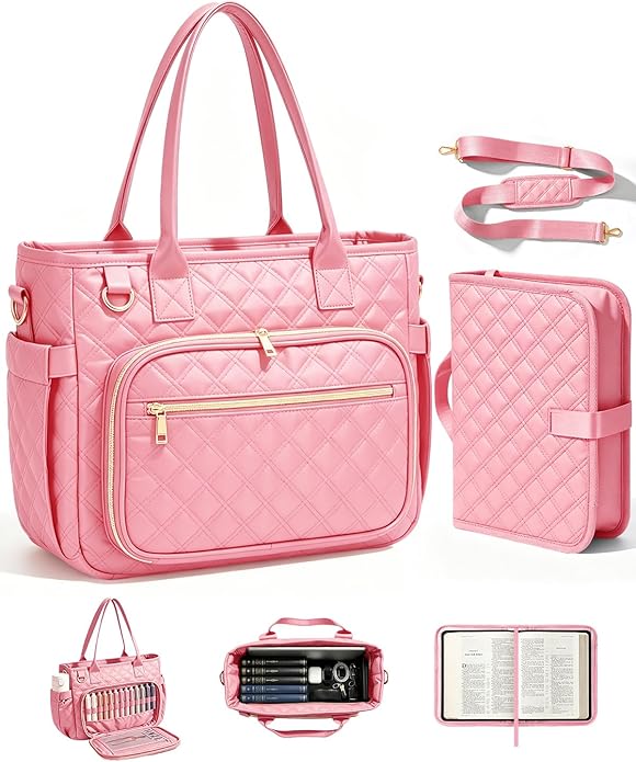Bible Bag with Bible Cover Case for Women, Large Quilted Bible Tote Bag with Shoulder Strap