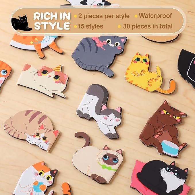 Teling 30 Pieces Cute Cat Magnetic Bookmarks Funny Cat Bookmark Magnetic Book Page Clips Cute Kawaii Animal Page Markers for Book Lovers Gifts Office Home Reading Teachers, Women Supplies, 15 Styles