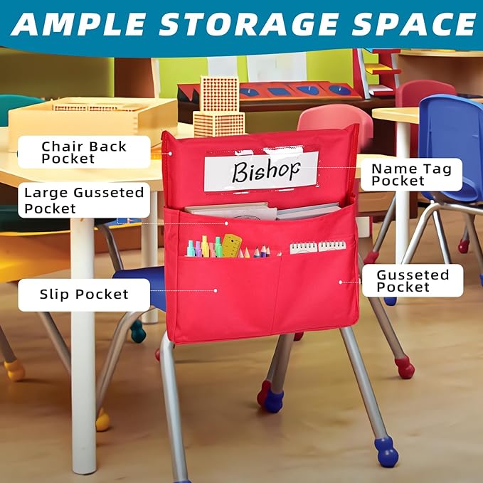 12 Pcs Classroom Chair Pockets, 15.9 x14.8 inch Chair Pockets for Classroom, 6 Bright Color Seat Sacks for Classroom Chairs, Buddy Pocket, Chart Seat Back Organizer with Name Tag