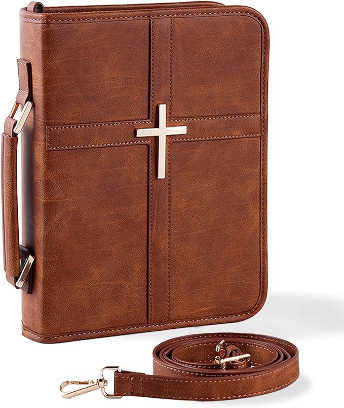Vegan Leather Bible Cover Case, Bible Bag with Phone Pocket, Bible Case for Men Women, Christian Gift Box Packaging (Brown - with Strap)