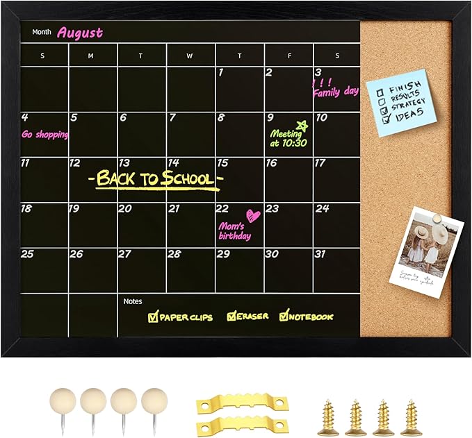 Combination Calendar & Memo Board, Magnetic Surface Monthly Calendar, Wall Mountable, Decorative Black Wood Framed(R-ZHYL-BK,4333)