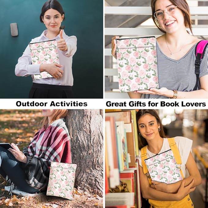 Watercolor Floral Pattern Book Lovers Gifts Waterproof Book Sleeve Book Pouch Book Protector with Zipper and Front Pocket BookCover Case for Women Girl Mom Wife Book Accessories Book Club Gifts