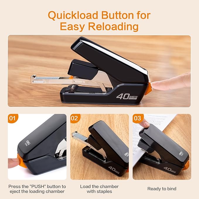 Deli Stapler, Effortless Staplers for Desk, 40 Sheet Capacity Heavy Duty, One Touch, No Effort, Easy to Load,with 2000 Staples & Staple Remover, Good for Office, Home Use, Black (Pack of 2)