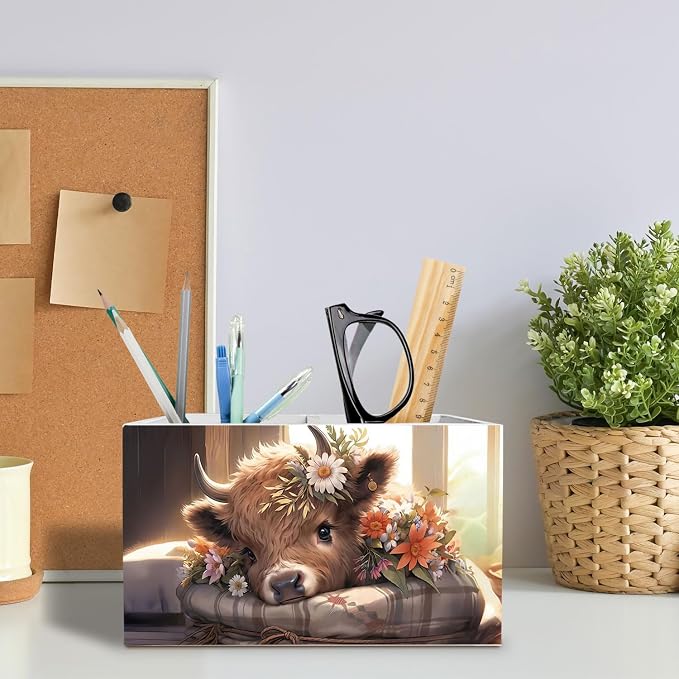 Rustic Floral Highland Cow Pen Holder for Desk, Gifts for Cows Lovers Pencil Organizer, Farmhouse Flower Highland Heifer Wooden Box Sign Desk Decor for Home Office Decoration,