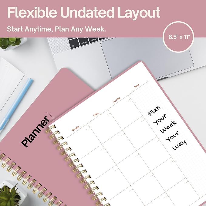 Undated Weekly Planner, 8.5" x 11", Dashboard Layout with Yearly Review, Monthly Calendars, & Weekly To Do List, Spiral Bound Organizer for Work, Study & Life (Pink)