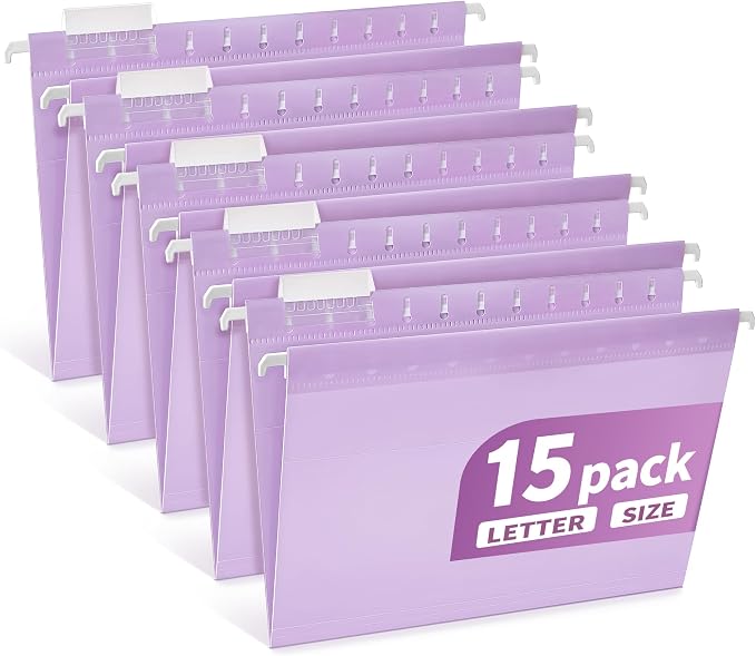 Plastic Hanging File Folders Letter Size, Colored Hanging File Folders with Tabs, Durable Waterproof Plastic Hanging Folders for Filing Cabinets, Office, School & Home Organization (15, Purple)