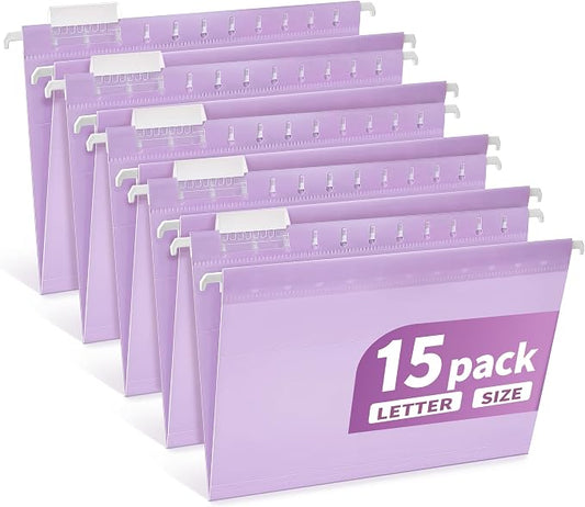 Plastic Hanging File Folders Letter Size, Colored Hanging File Folders with Tabs, Durable Waterproof Plastic Hanging Folders for Filing Cabinets, Office, School & Home Organization (15, Purple)