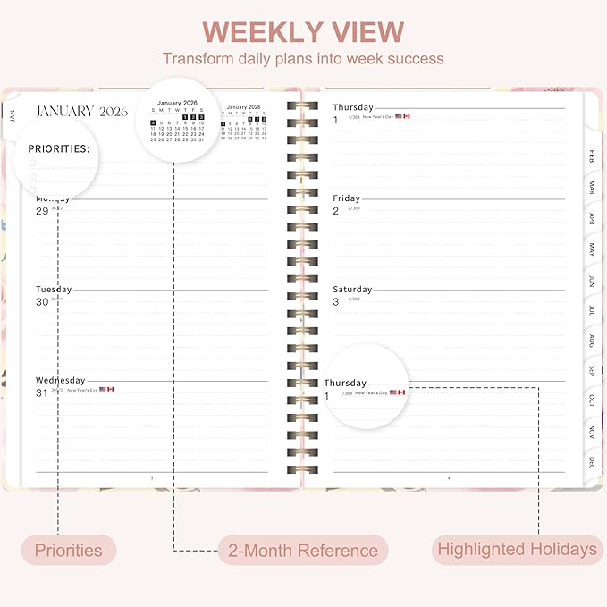 2026 Planner, Weekly and Monthly Academic Planner Calendar (JAN.2026 - DEC.2026), Planning Agenda Book, for Office Desk Accessories and School Supplies, A5(6.3" x 8.5") (Blush Blooms)