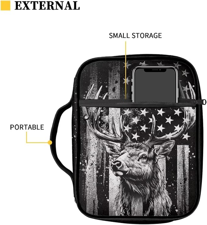 Coldinair Elk Camo USA Flag Bible Covers for Boys Kids Teens Portable Bible Case with Bookmark Large Carrying Book Case Church Bag Protective with Pocket and Zipper
