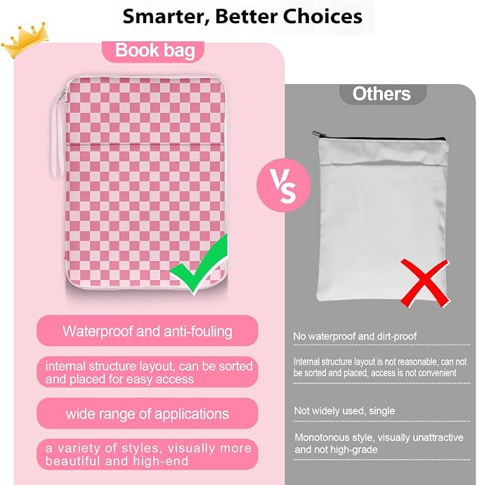 Book Pouch, Book Sleeve with Strape Zipper and Extra Sleeve Pocket Paperback Hardcover Protector, PU Leather Waterproof for Girls, Teacher, Students-Pink Checkered