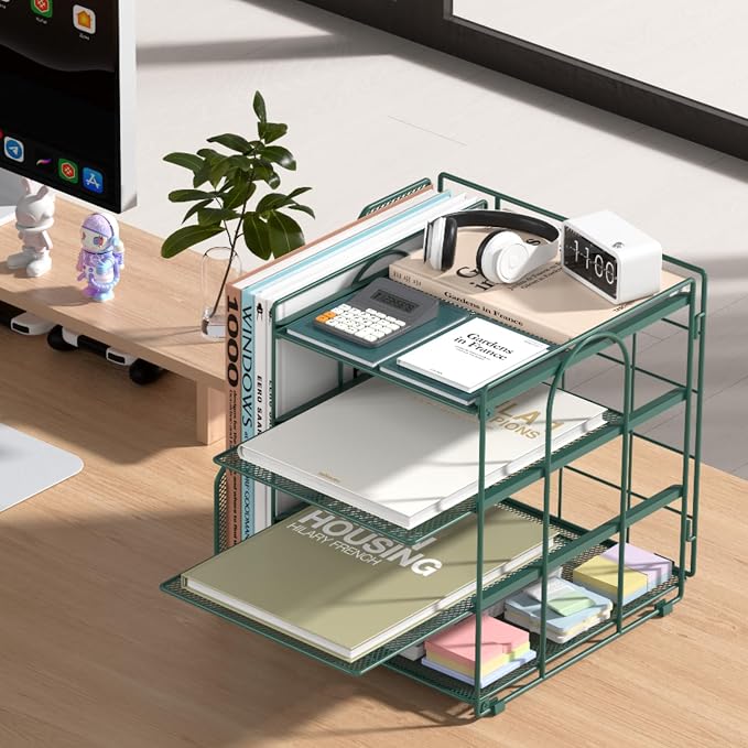 Desk File Organizer and Accessories, 4-Tier Paper Organizer with Vertical File Holder, Office Desk Accessories & Workspace Organizers and Storage for Office Supplies (Green)