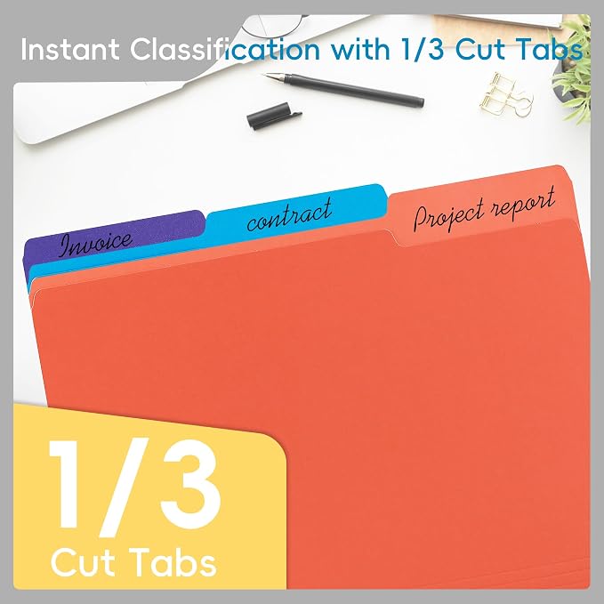 100 Packs Colored File Folders,1/3 Cut Tabs File Folder,Bright Orange File Folders,Manila File Folders,Two-Tone File Folder for Office School Business