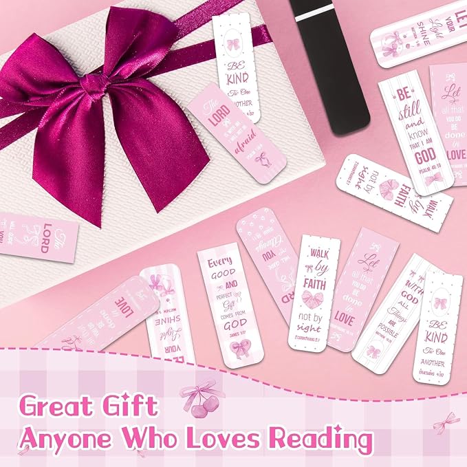 Haooryx Bible Verse Magnetic Bookmarks - 48 Pcs Pink Scripture Verse Inspirational Christian Religious Magnetic Clip Book Marks Motivational Book Page Markers Church Activity Party Favor Reading Lover