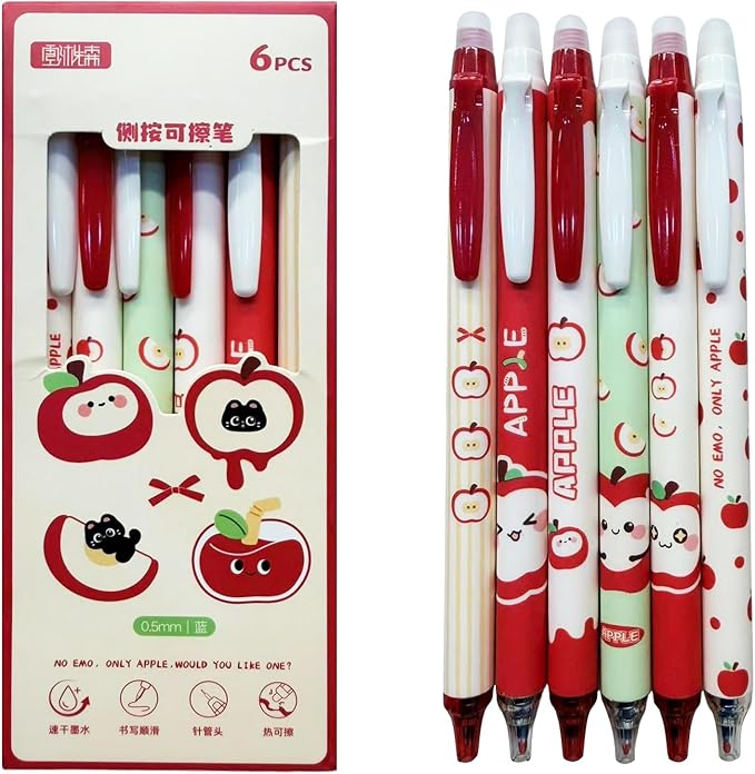 Erasable Pens 6-Pack – Cute Retractable Gel Pens with Eraser Top, 0.5mm Blue Ink, Smooth Writing for Journaling School Office Supplies for Women Men Girls Boys(Blue Ink - Sweet Apple Orchard)