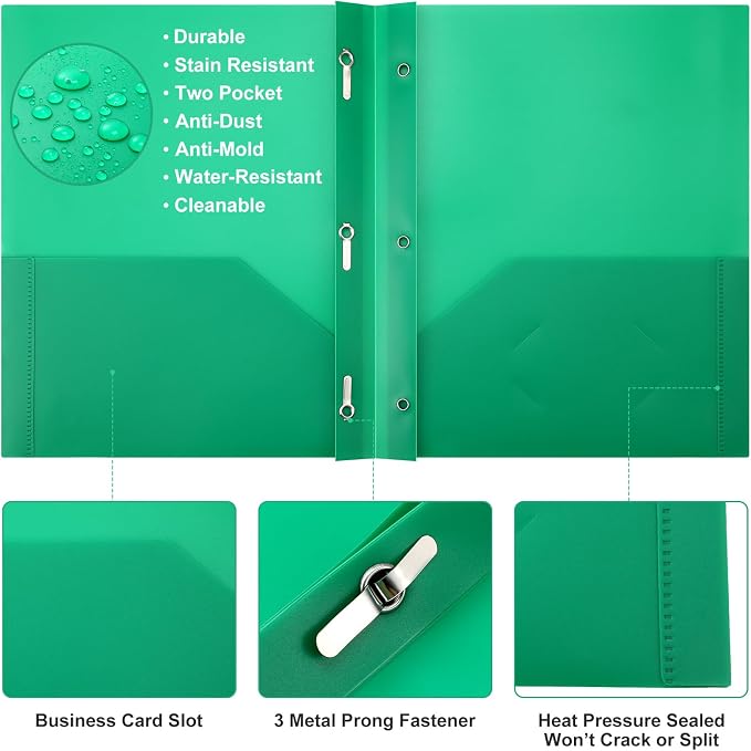 Cholemy 72 Packs Pocket Folders with Prongs Heavy Duty Plastic Folder with Business Card Slot 3 Prong Fasteners for School Office (Black,Blue,Green)